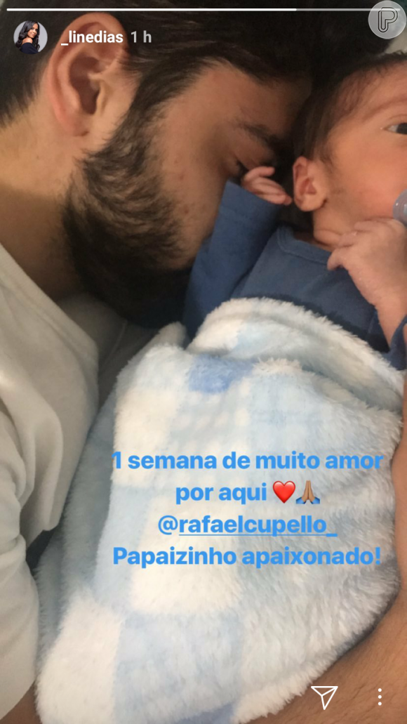 Aline Dias comemorou a primeira semana de vida do filho, Bernardo, fruto do seu relacionamento com Rafael Cupello: 'Papaizinho apaixonado'