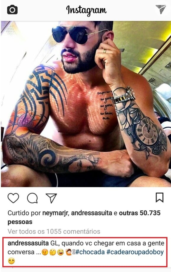 Gusttavo Lima leva 'bronca' da mulher, Andressa Suita, em foto sem camisa no Instagram