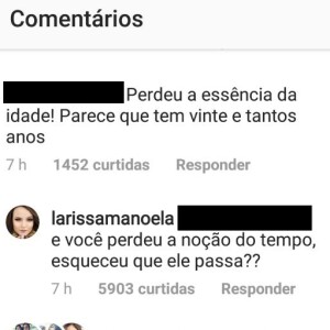 'Perdeu a essência da idade! Parece que tem vinte e tantos anos', disparou o internauta para Larissa Manoela