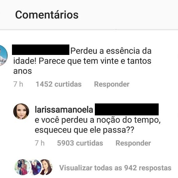 'Perdeu a essência da idade! Parece que tem vinte e tantos anos', disparou o internauta para Larissa Manoela