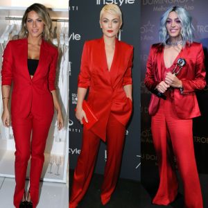 Giovanna Ewbank, a atriz canadense Serinda Swan e Pabllo Vittar já apostaram na tendência da alfaiataria vermelha