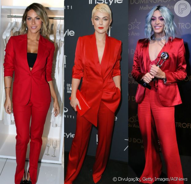 Giovanna Ewbank, a atriz canadense Serinda Swan e Pabllo Vittar já apostaram na tendência da alfaiataria vermelha