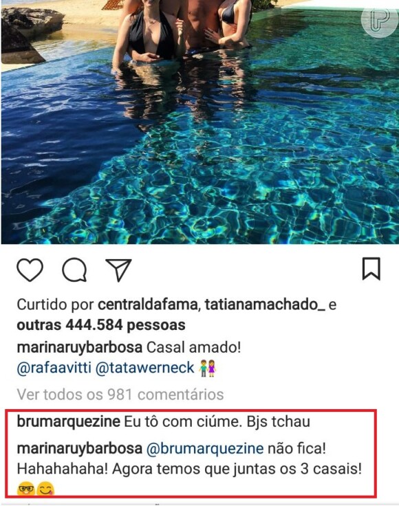 Marina Ruy Barbosa brinca após Bruna Marquezine demonstrar ciúmes em foto dela com Tatá