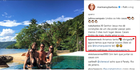 Marina Ruy Barbosa pede foto com Bruna e Neymar após posar com Tatá Werneck nesta terça-feira, dia 02 de janeiro de 2018