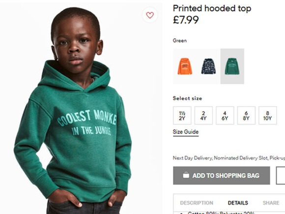 Acusada de racismo por consumidores, a multinacional H&M causou polêmica após colocar uma criança negra vestindo um casado com a estampa escrita 'O macaco mais legal da selva'