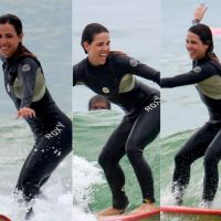 Pérola Faria mostra habilidade durante aula de surfe em praia do Rio. Veja fotos