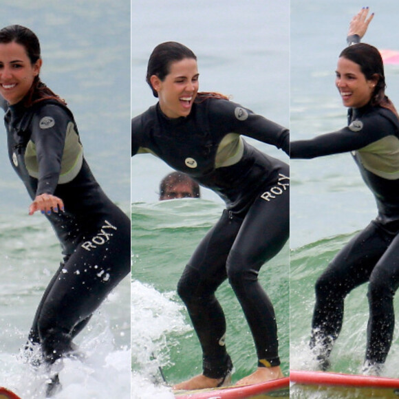 Pérola Faria mostrou habilidade durante aula de surfe em praia da Barra da Tijuca, Zona Oeste do Rio, neste sábado, 13 de janeiro de 2018