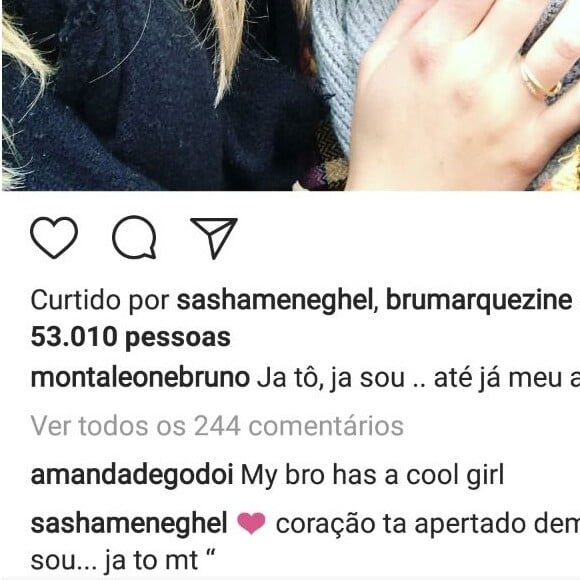 'Coração está apertado demais', disse Sasha Meneghel para o namorado, Bruno Montaleone