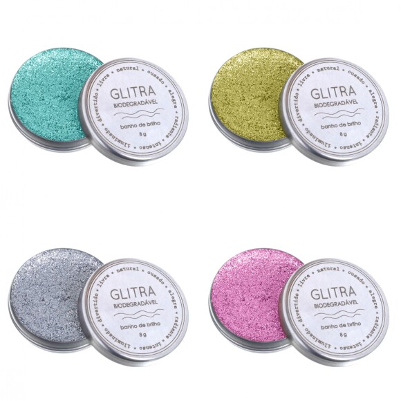 A marca Glitra disponibiliza suas purpurinas nas cores turquesa, rosa, ouro e prata por R$ 45 cada latinha ou R$170 pelas quatro unidades juntas