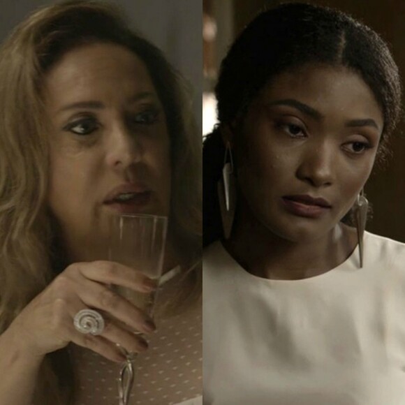 Nádia (Eliane Giardini) celebra com champanhe o atropelamento de Raquel (Erika Januza), namorada de Bruno (Caio Paduan), na novela 'O Outro Lado do Paraíso'