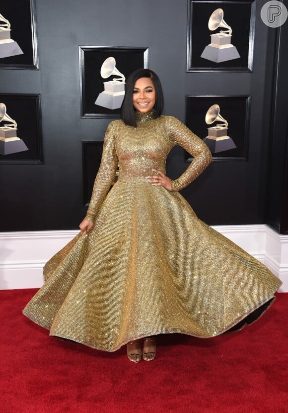 A cantora Ashanti usou vestido Yas Couture e sandálias Giuseppe Zanotti na 60ª edição do Grammy Awards, realizada no Madison Square Garden, em Nova York, neste domingo, 28 de janeiro de 2018
