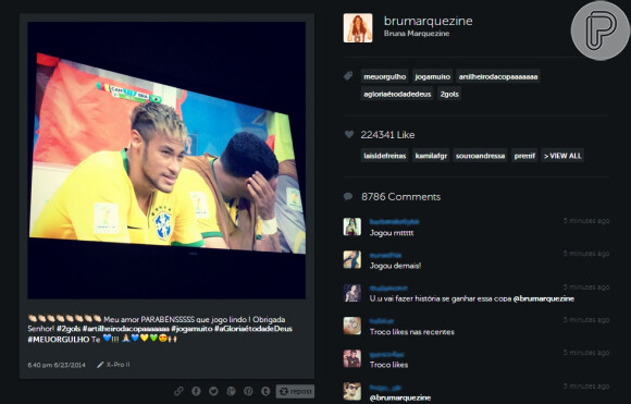 Bruna Marquezine escreveu uma mensagem no Instagram para parabenizar o namorado, Neymar, que marcou dois gols na partida: 'Artilheiro. Joga muito'