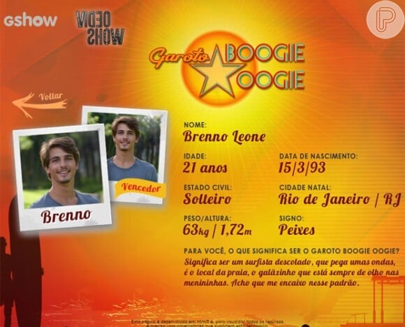Brenno Leone tem 21 anos, mora no Rio de Janeiro e foi o vencedor do concurso 'Garoto Boogie Oogie'