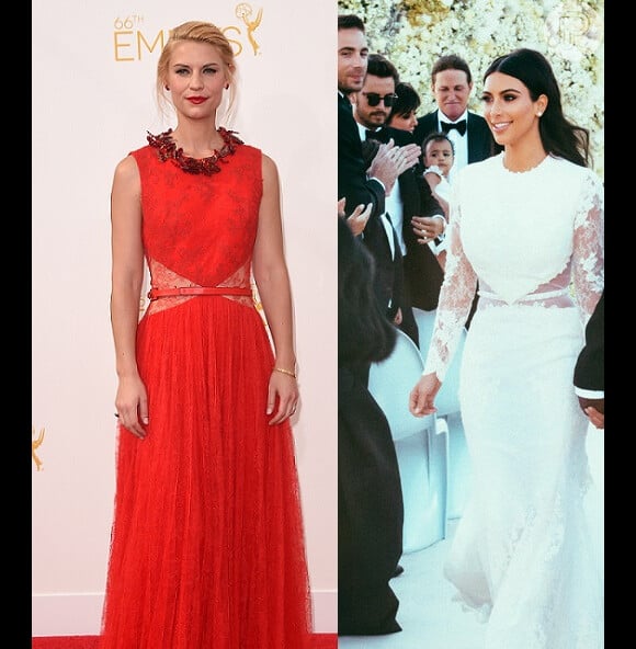 Claire Danes surge no tapete vermelho do Emmy 2014 com o mesmo vestido Givenchy que Kim Kardashian usou em seu casamento (27 de agosto de 2014)