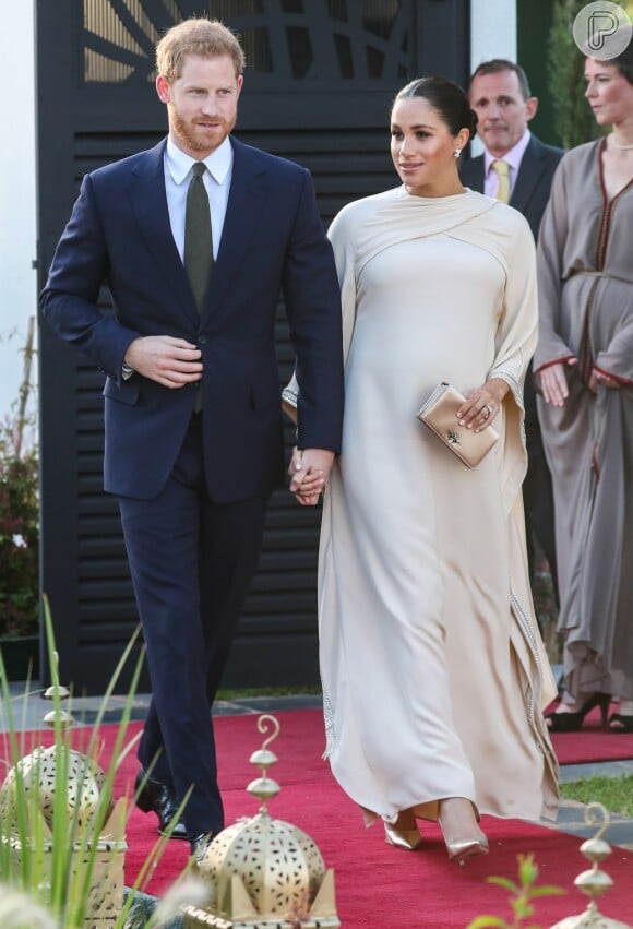 A roupa de gala bege usada por Meghan Markle em Marrocos no dia 24 de fevereiro de 2019 é by Dior