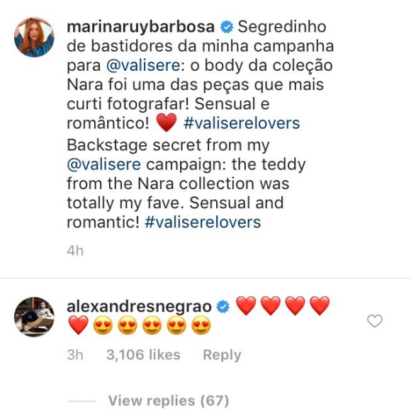 Xande Negrão fica encantando com Marina Ruy Barbosa em comentário no Instagram