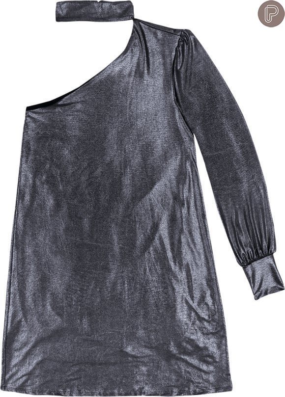 Blusa dzarm de um ombro só com gola e manga longa em tecido metalizado R$ 219