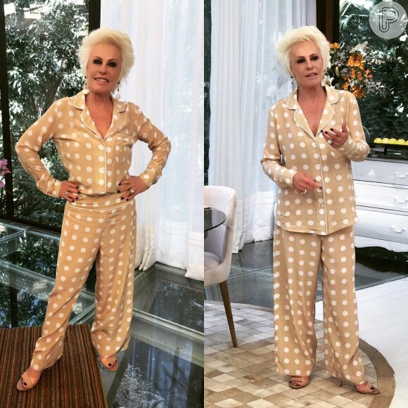 Ana Maria Braga mostra seu estilo ao apresentador seu programa com o pijama mood.