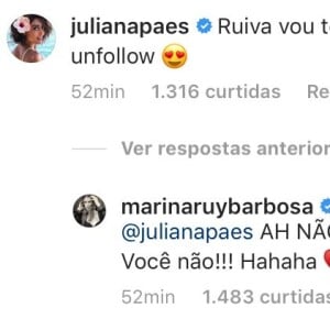 Juliana Paes brinca ao comentar foto de Marina Ruy Barbosa