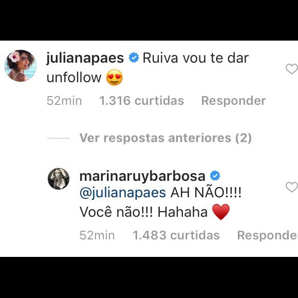 Juliana Paes brinca ao comentar foto de Marina Ruy Barbosa