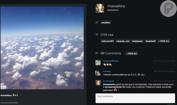 Grazi Massafera publicou a mesma foto que Cauã na sexta-feira, 10 de outubro de 2014. 'Sem filtro', legendou a imagem a atriz
