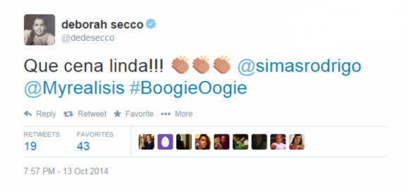 Deborah Secco, que dá vida a aeromoça Inês na novela 'Boogie Oogie', costuma conferir os capítulos da trama interagindo com os seus fãs pelo Twitter