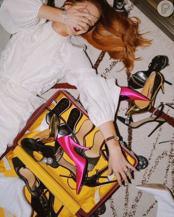 Mala só para sapatos de Marina Ruy Barbosa é da marca artigos de luxo parisiense Goyard 