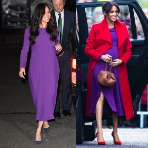 Vestido roxo de Meghan Markle já foi usado por duquesa na gravidez em looks bem diferentes