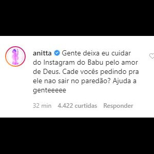 Anitta pede votos para Babu ficar no 'BBB20'