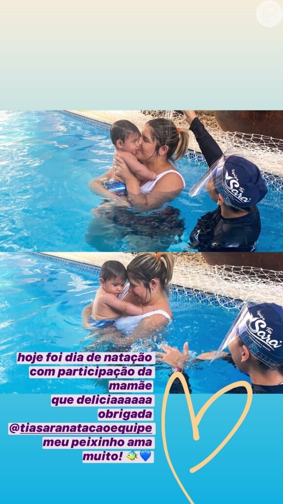 Marília Mendonça usa body e short em aula de natação do filho