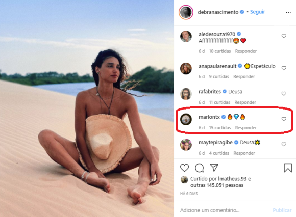 Marlon Teixeira reage a foto de Débora Nascimento