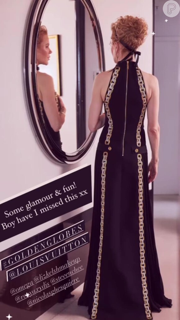 Vestido de Nicole Kidman no Globo de Ouro possui decote frontal único com trança metálica pelas laterais que possuem 8 mil cristais em tamanhos diferentes