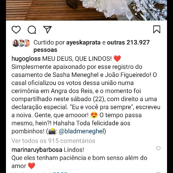 Comentário de Marina Ruy Barbosa sobre casamento de Sasha Meneghel divide a web