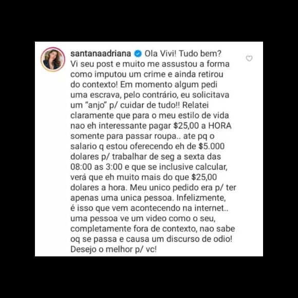 Adriana Sant'Anna rebate comentário