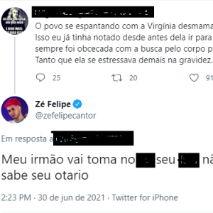 Zé Felipe se irrita com seguidor após internauta julgar Virgínia por parar de amamentar