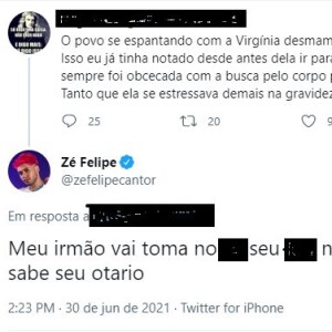 Discussão entre Zé Felipe e usuário do Twitter que criticou sua esposa, Virgínia Fonseca