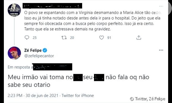 Discussão entre Zé Felipe e usuário do Twitter que criticou sua esposa, Virgínia Fonseca