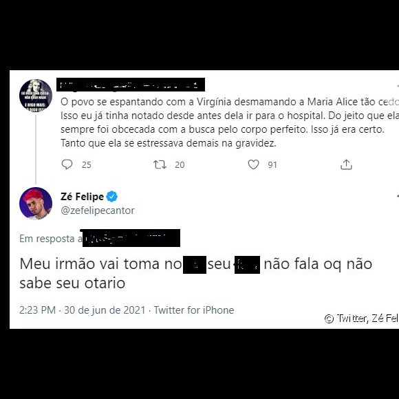 Discussão entre Zé Felipe e usuário do Twitter que criticou sua esposa, Virgínia Fonseca