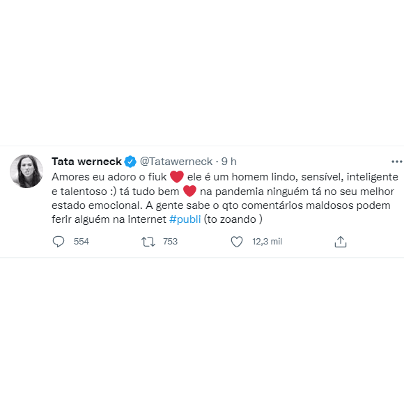 No Twitter, Tatá Werneck explicou que tudo foi um mal entendido