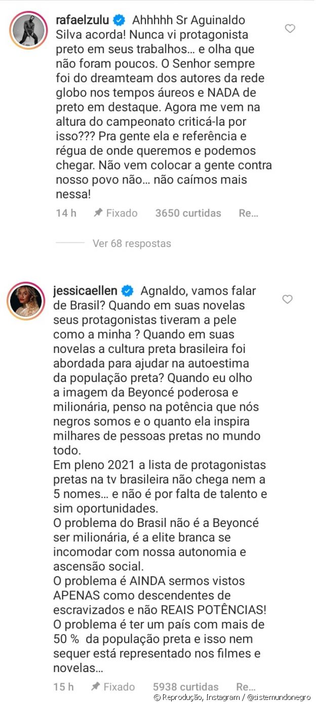 Rafael Zulu e Jéssica Ellen rebatem Agnaldo Silva sobre comentário a respeito de Beyoncé