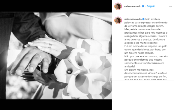 Naiara Azevedo usou uma foto de seu casamento com Rafael Cabral, em preto e branco, para falar da separação