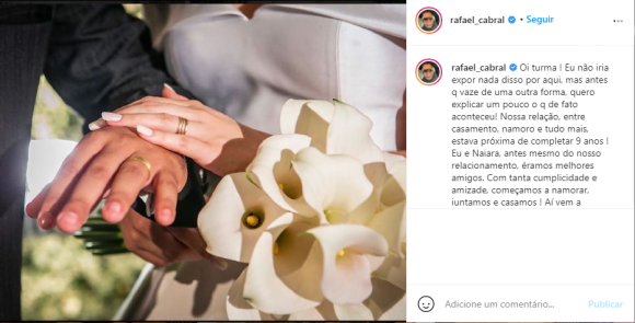 Rafael Cabral optou pela mesma foto, na versão colorida, para refletir sobre o fim do casamento com Naiara Azevedo