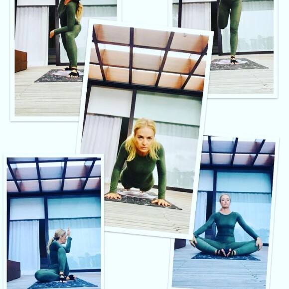Angélica gosta de praticar yoga e pilates, sempre variando nos looks, mas mantendo cores neutras em calças, tops e blusas de manga comprida