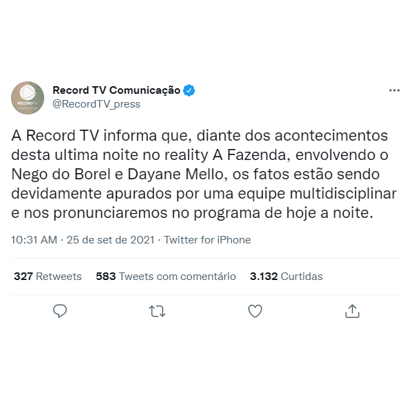 Comunicado da Record informa que decisão da emissora será divulgada à noite