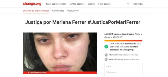 Um abaixo-assinado pedindo justiça por Mari Ferrer recebeu mais de 3 mil assinaturas nas últimas 24 horas