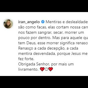Iran Ângelo cita 'livramento' em postagem misteriosa feita um dia após chá revelação do novo filho de Hulk