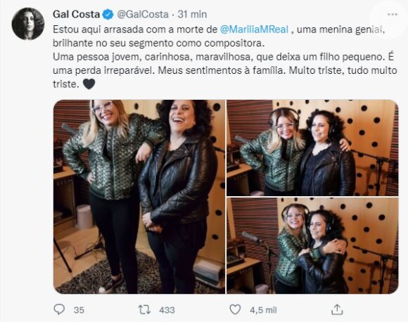 Gal Costa se diz arrasada com morte de Marília Mendonça