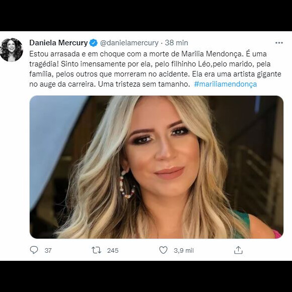 Daniela Mercury usa Twitter para lamentar morte de Marília Mendonça
