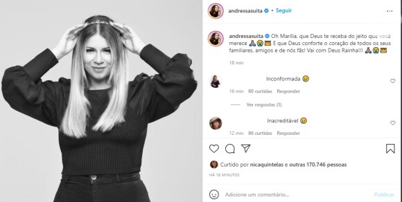 Andressa Suita compartilha foto de Marília Mendonça para lamentar morte da cantora
