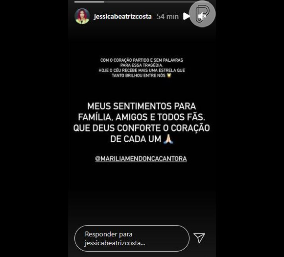 Jéssica Costa deseja sentimentos à família de Marília Mendonça após a morte da cantora
